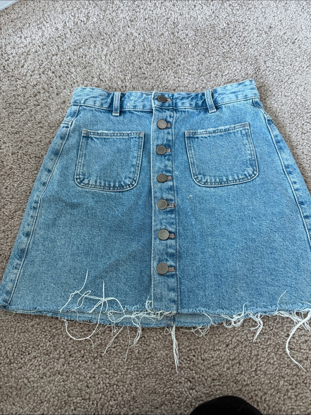 Zara Medium Blue Denim Button-Front Frayed Hem Mini Skirt